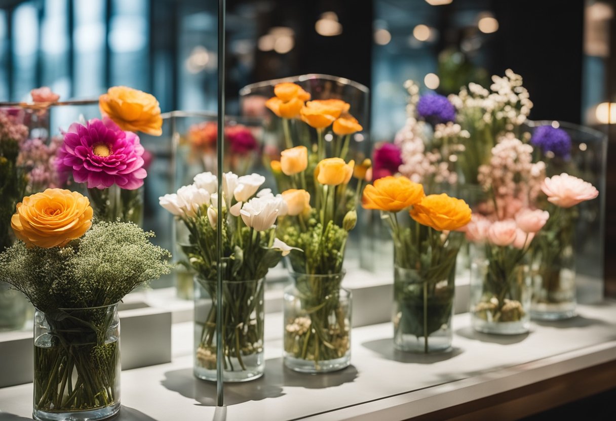 A glass display case showcases various preserved flowers arranged in a pleasing composition, adding a pop of color to the room