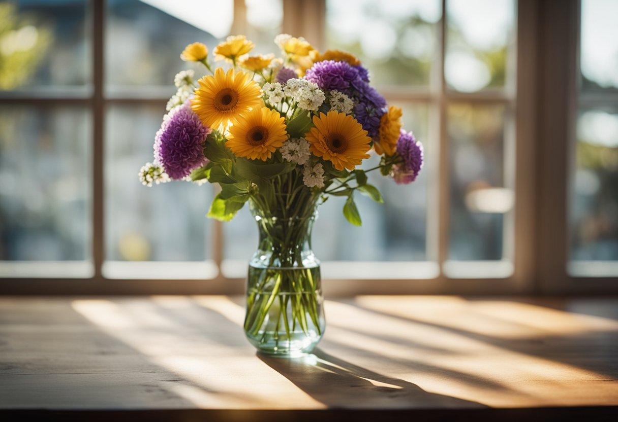 A glass vase filled with colorful flowers sits on a wooden table, surrounded by books and decorative items. Sunlight streams in through a nearby window, casting a warm glow on the scene