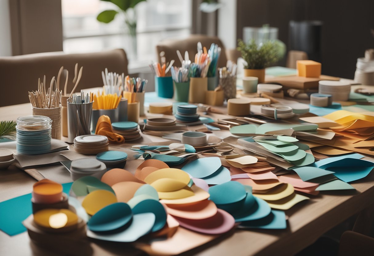 A table with neatly arranged craft supplies, including colorful paper, scissors, glue, and other materials, with completed satisfying craft projects displayed nearby