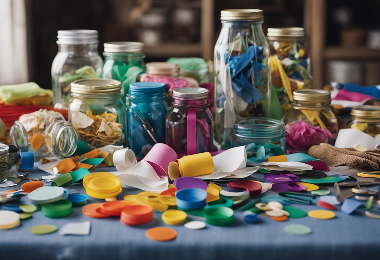 A table filled with colorful materials: plastic bottles, paper, glass jars, and fabric scraps. Scissors, glue, and paint are scattered around. A finished upcycled project sits proudly on display