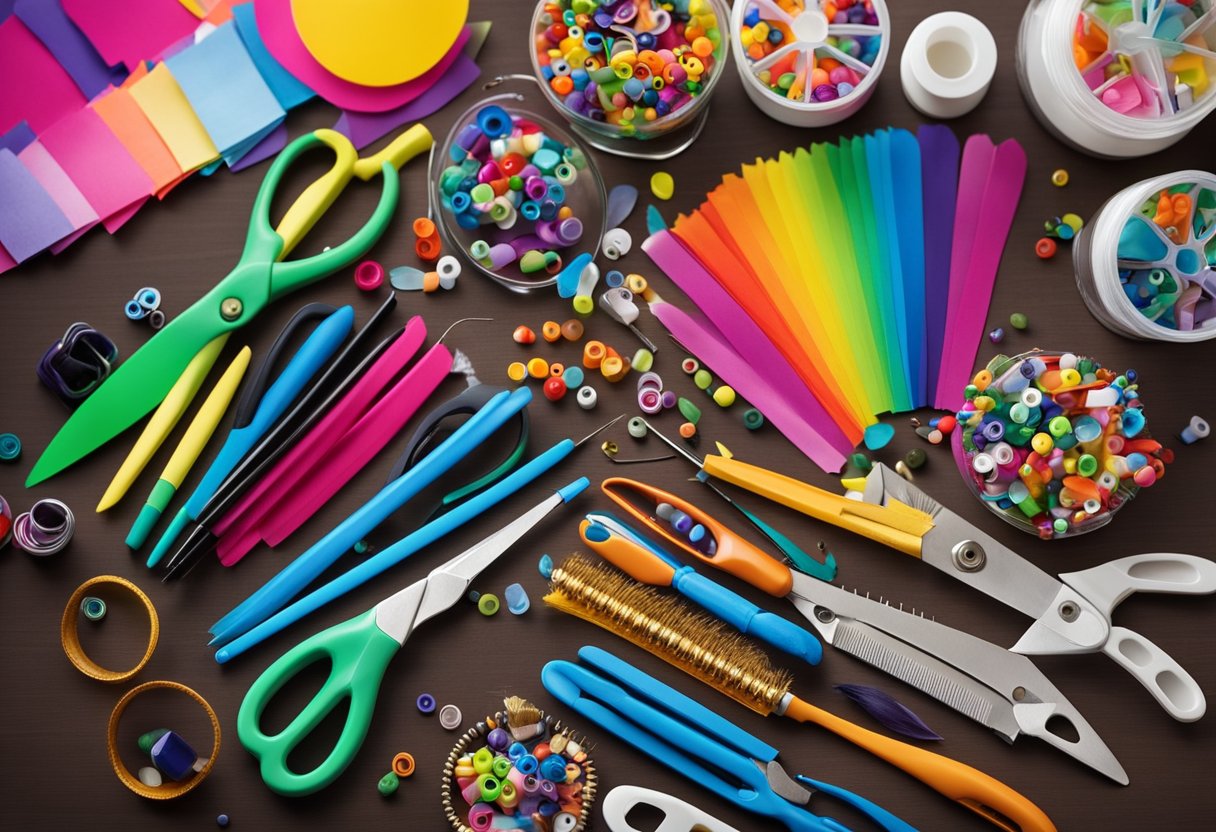 Colorful paper, scissors, glue, markers, and paintbrushes scattered on a table. A variety of craft supplies like beads, feathers, and googly eyes in small containers