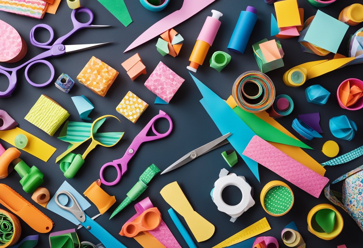 Colorful paper, scissors, glue, and markers spread out on a table. A variety of craft supplies organized by age group, ready for kids to create fun and easy crafts