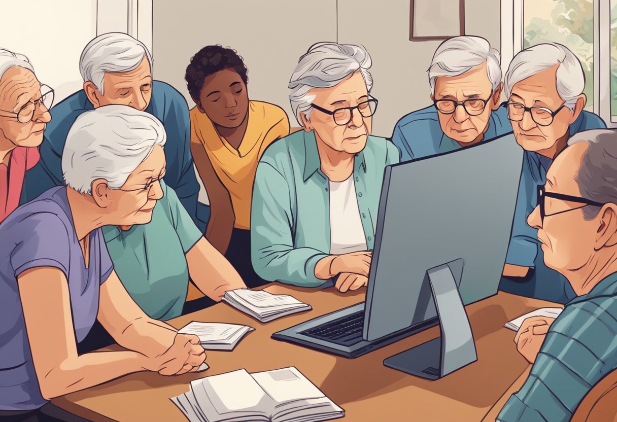 A group of seniors gather around a computer, looking hesitant. A stack of pamphlets on affiliate marketing sits untouched nearby. The room is filled with warm, natural light, and the seniors appear thoughtful and curious