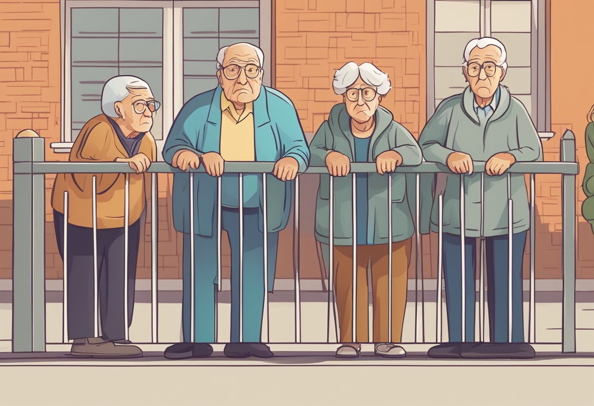 A group of elderly individuals standing in front of a large barrier, looking hesitant and unsure. The barrier represents the challenges they face in understanding and embracing affiliate marketing