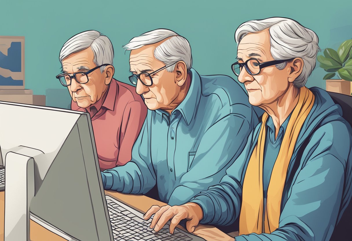 Seniors sitting at a computer, looking confused. A younger person patiently guiding them through the maze of technology