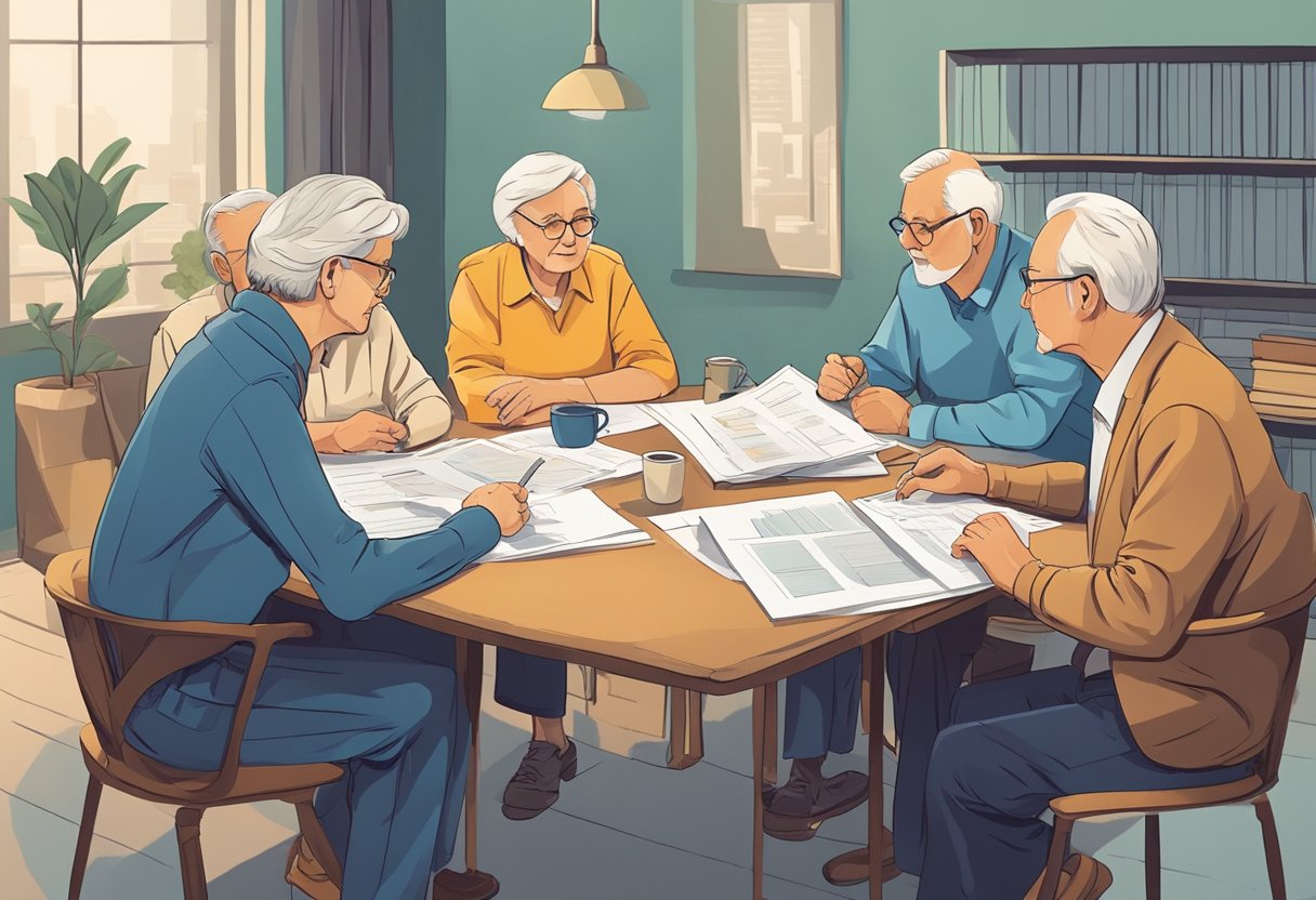 A group of elderly individuals gather around a table, engaged in deep conversation. Charts and graphs are spread out, while a sense of determination and collaboration fills the room