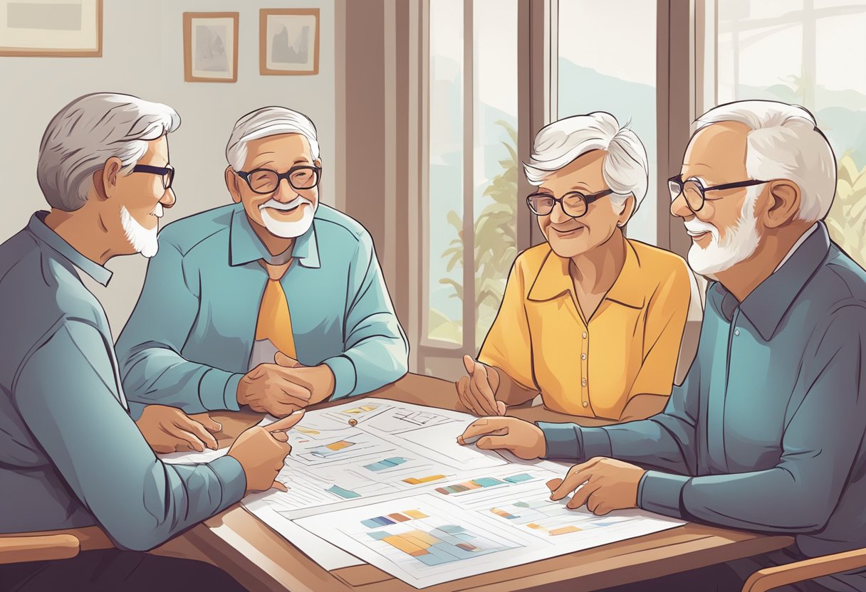 A group of seniors gather around a table, discussing affiliate marketing. One senior points to a chart showing success stories, while others nod in agreement