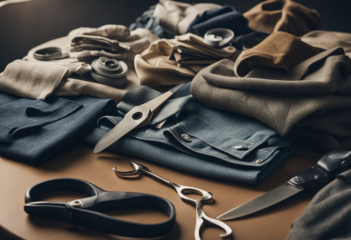 A pile of old clothes laid out on a table, scissors and fabric glue nearby. A variety of simple crafts being made without sewing