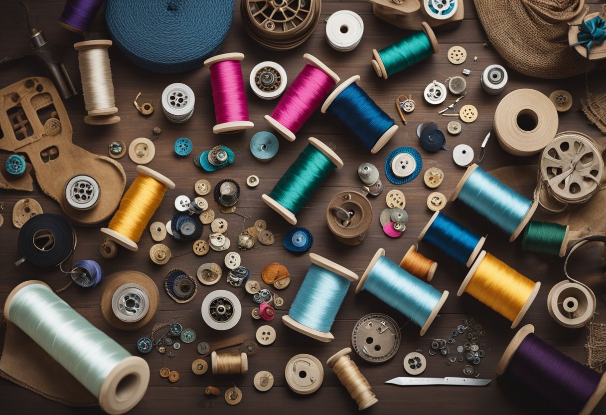 A table with a variety of sewing projects in progress, from simple repairs to intricate designs, using old clothes and fabric scraps