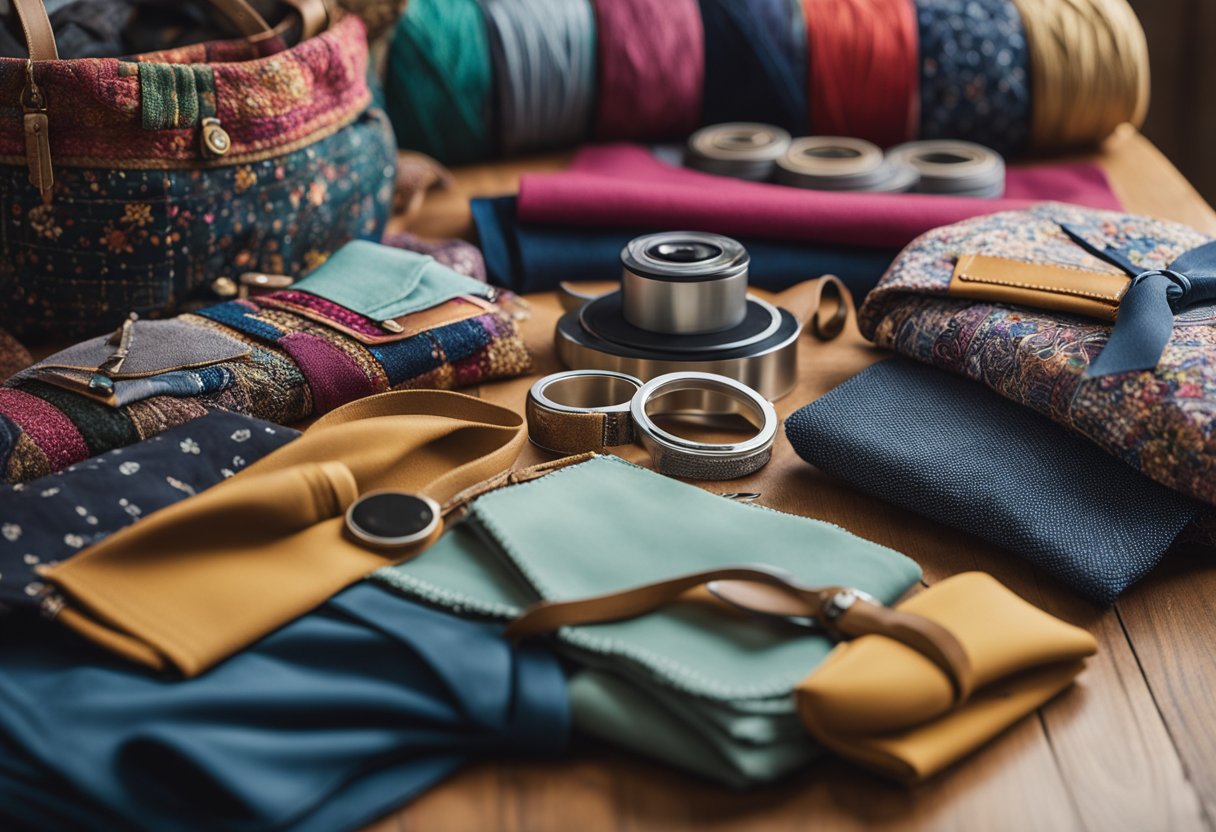 Various upcycled clothing items arranged on a wooden table, with colorful fabrics and sewing materials scattered around. A handmade tote bag, patchwork quilt, and fabric-covered journal are displayed