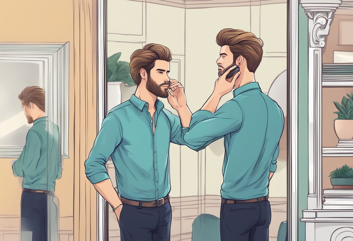 A man standing in front of a mirror, meticulously styling his hair while secretly obsessing over its appearance