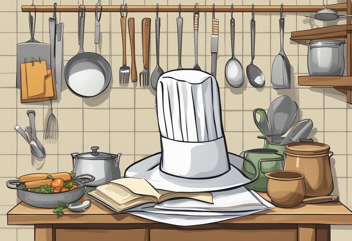 A chef's hat and apron hanging on a hook, surrounded by cooking utensils and a cookbook open to a page titled "17 Facts About Men."