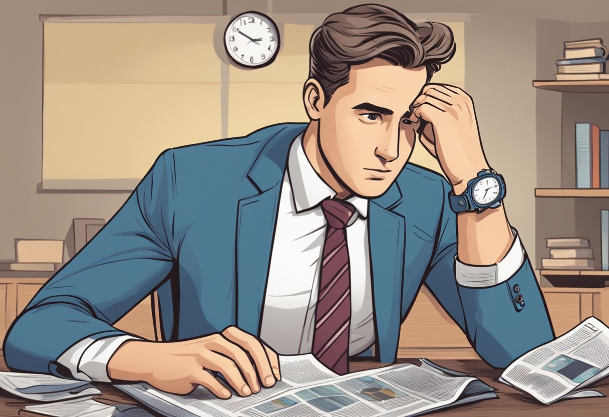 A man fidgets with his tie, glancing nervously at his watch. A magazine article titled "17 Facts About Men That Women Don't Believe" lies open on the table