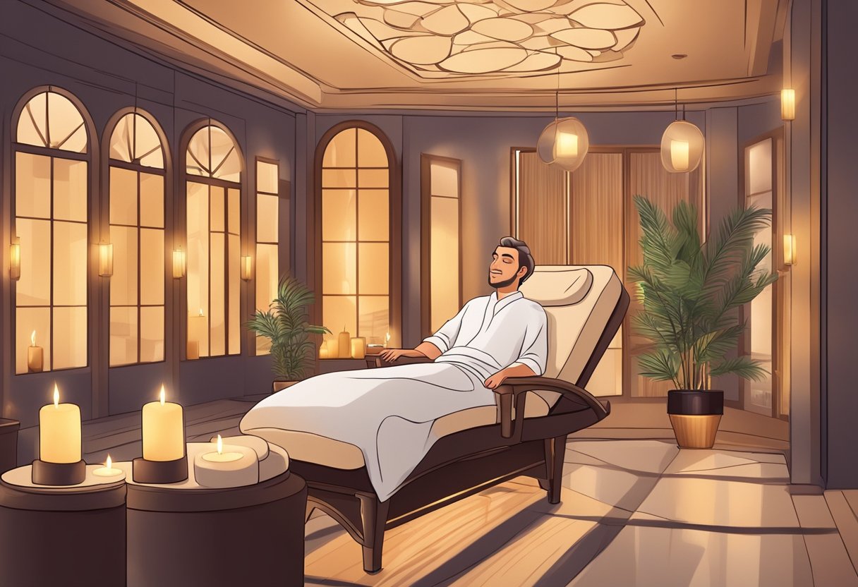 A man relaxing in a luxurious spa chair, surrounded by soothing candles and soft music, while receiving a massage and enjoying a facial treatment