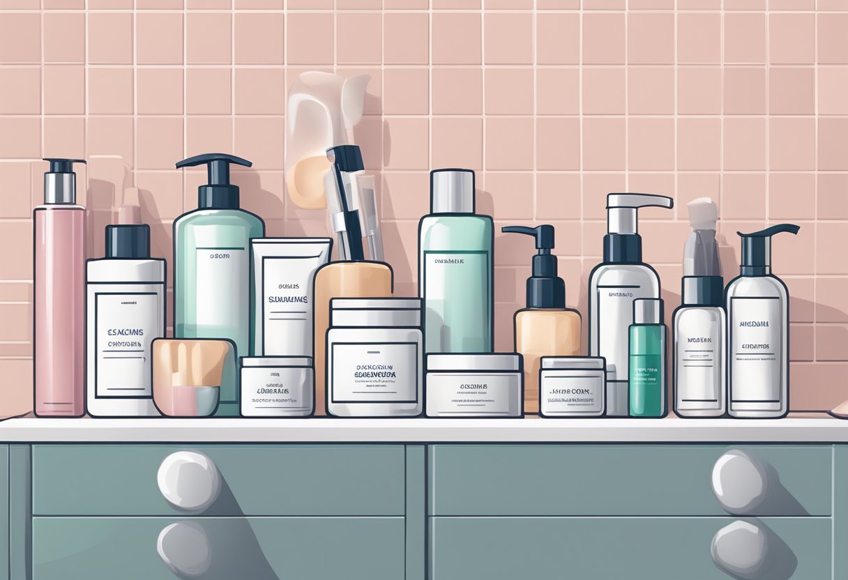 A collection of skincare products arranged neatly on a bathroom counter, with various bottles, jars, and tubes of creams and lotions