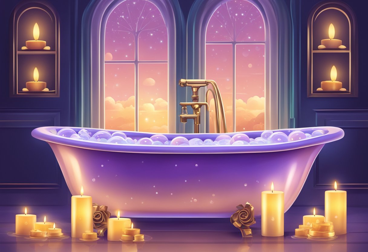 A luxurious bubble bath, surrounded by flickering candles and soft music, with a hint of secrecy in the air