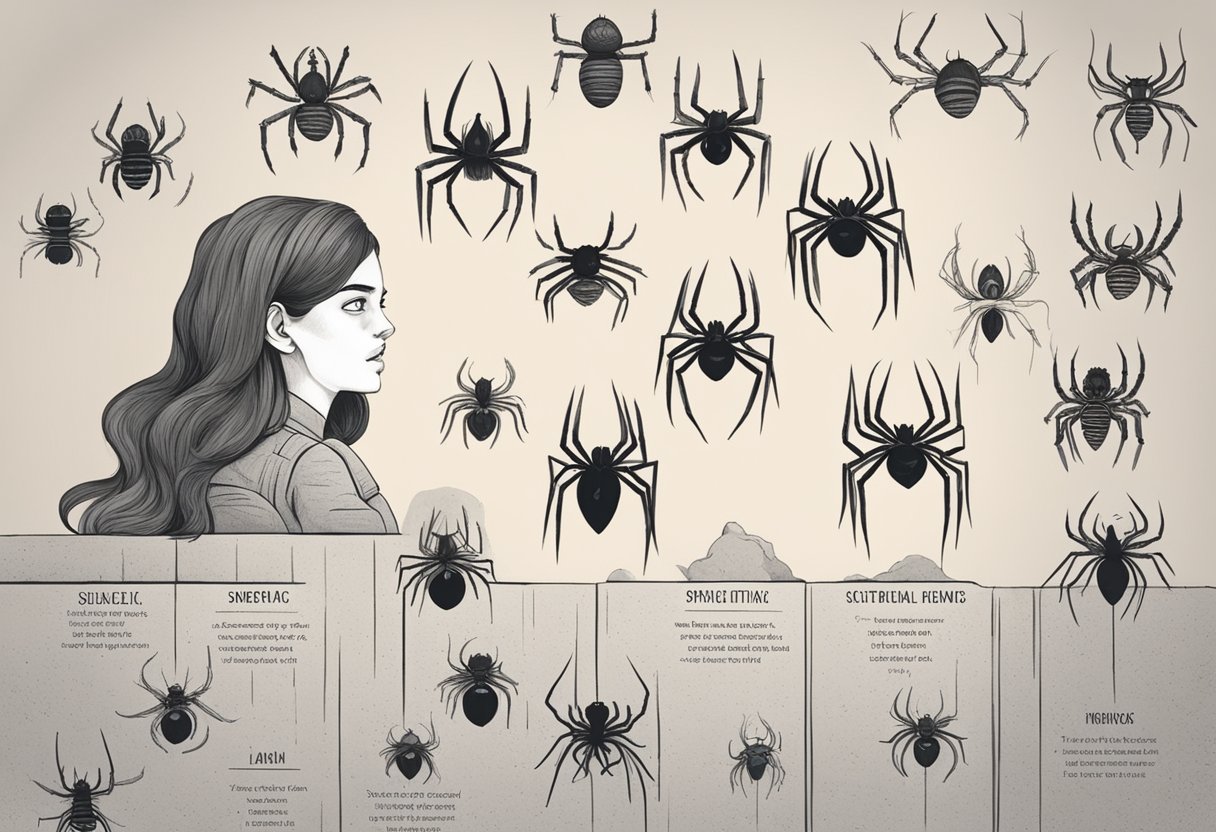 Spiders crawling on a wall, women's skeptical expressions, and a list of surprising facts about men