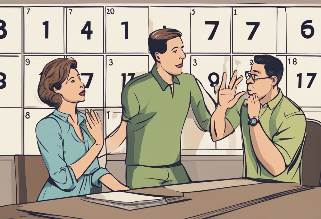 A calendar with circled dates, a skeptical woman, and a surprised man holding up 17 fingers