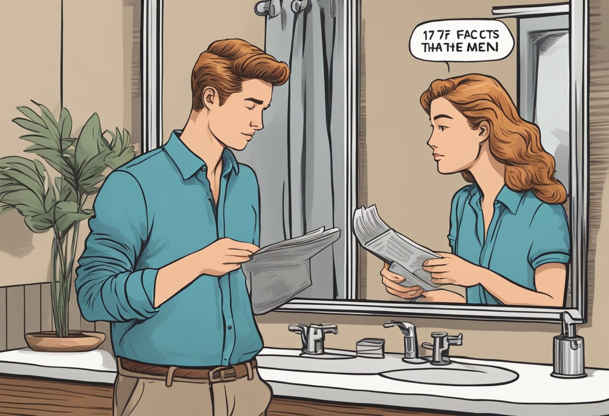 A person practices pickup lines in front of a mirror while reading "17 Facts About Men That Women Don't Believe."