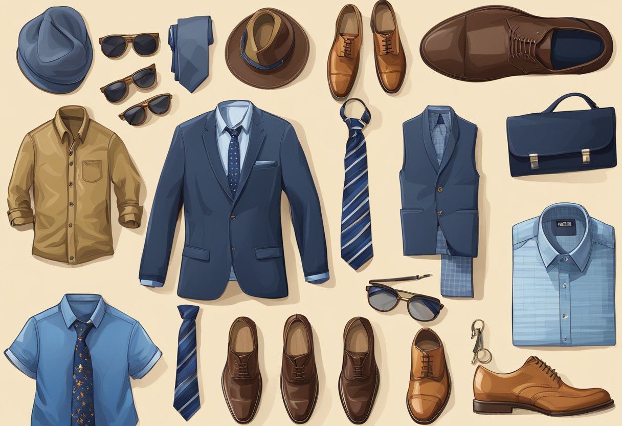 Men's clothing laid out neatly, with attention to detail. Display of ties, shoes, and accessories. Colorful and stylish ensemble