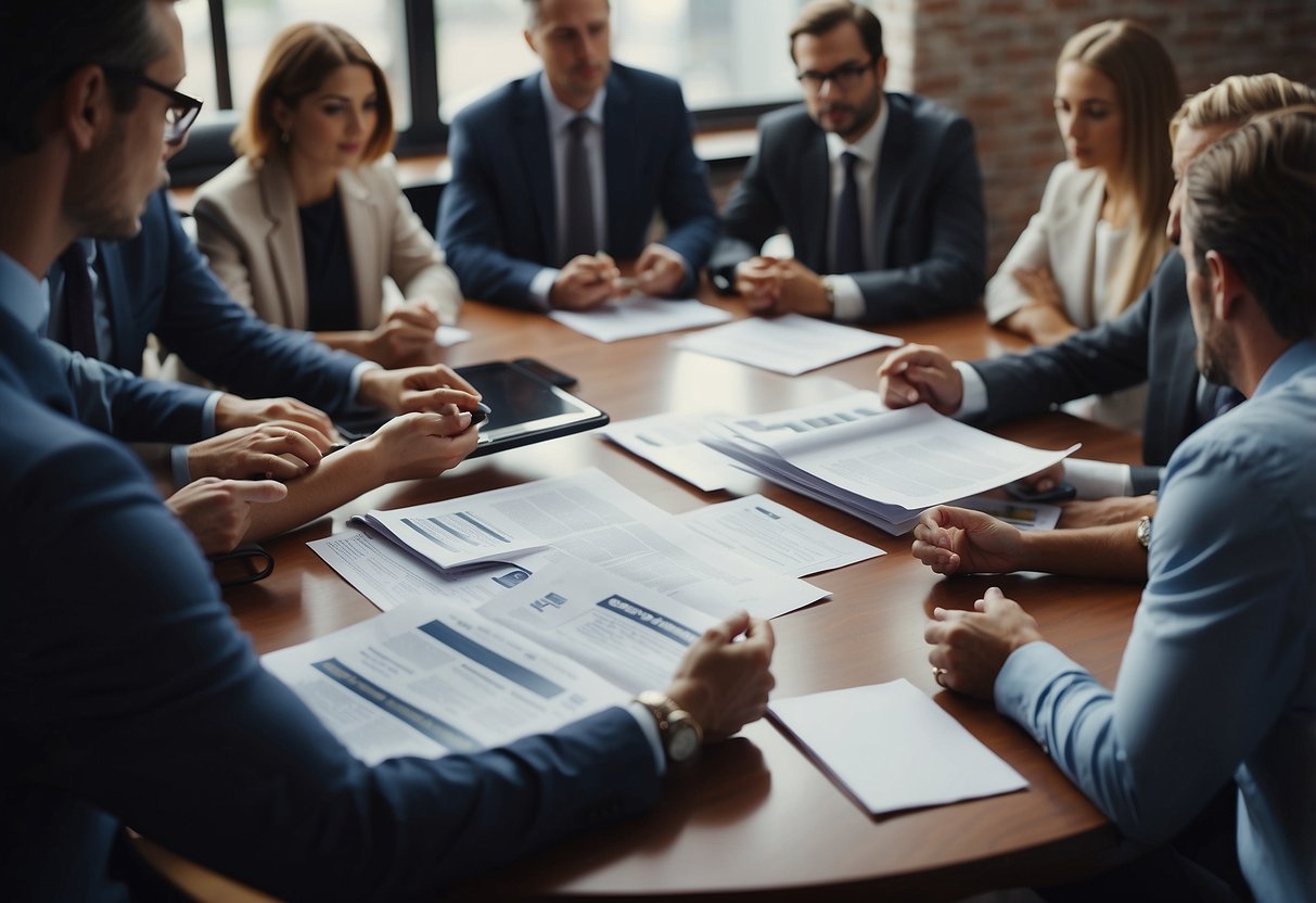 A group of key actors gather around a table discussing public markets, with documents and contracts spread out in front of them