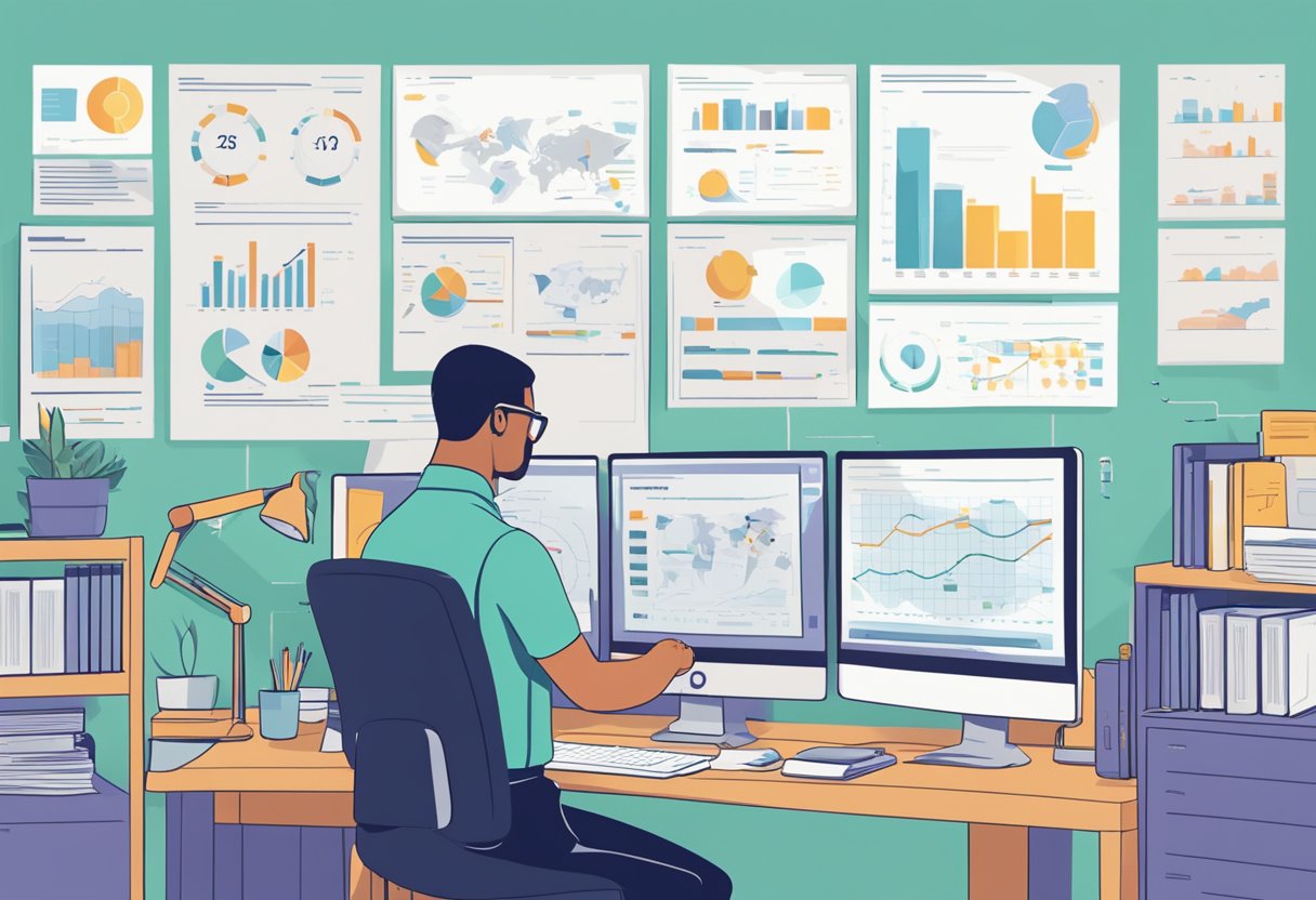 A data scientist sitting at a desk, reviewing onboarding materials and integrating into a new team, surrounded by computer screens and data charts