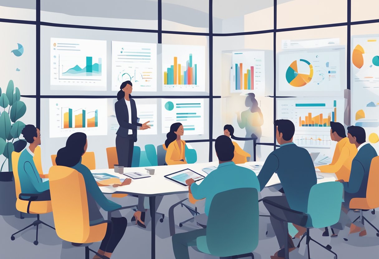 A group of professionals gather around a table, discussing data science recruitment strategies. Charts and graphs are displayed on a screen in the background