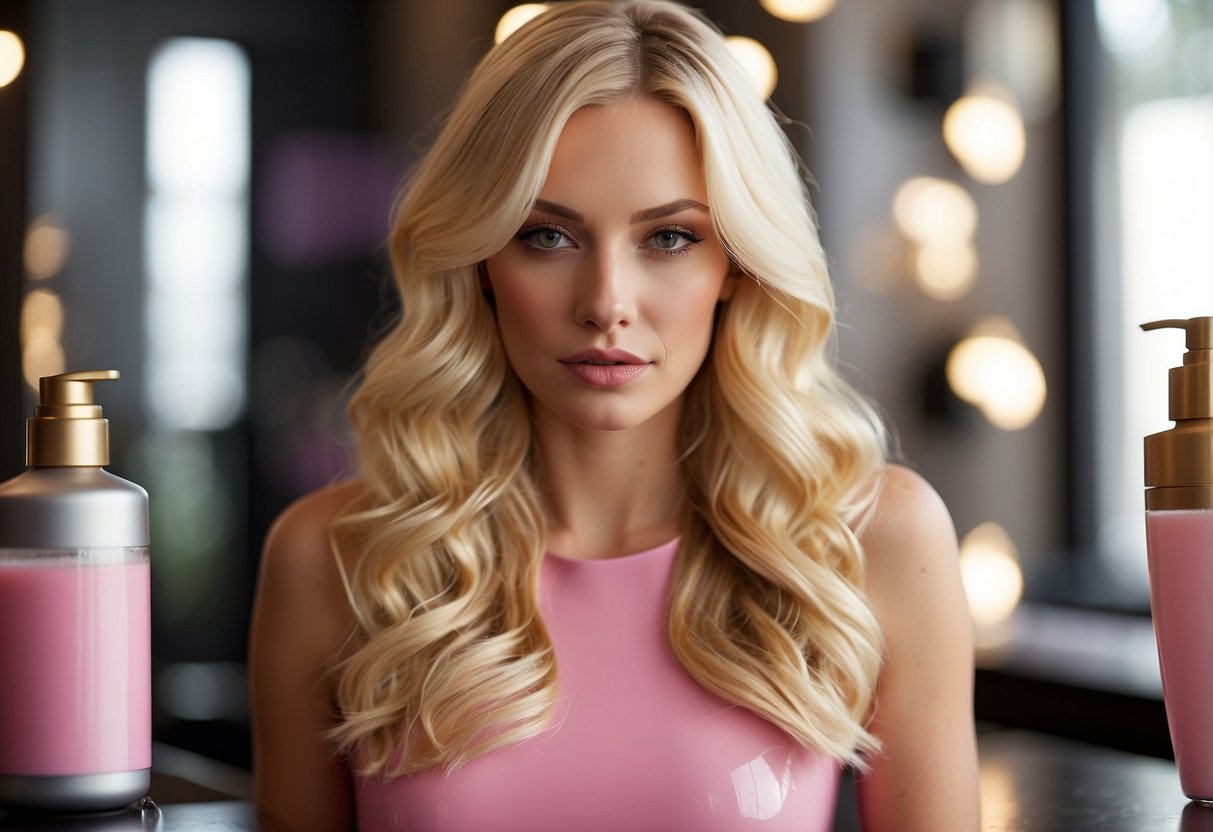 Blonde extensions soaked in pink liquid, surrounded by various hair products and external substances