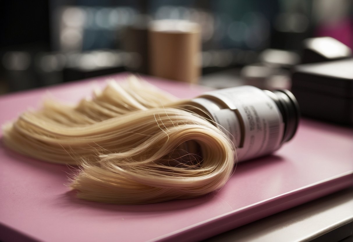 A pile of blonde hair extensions sits on a table, slowly turning pink. A label nearby reads "Source: Unknown."