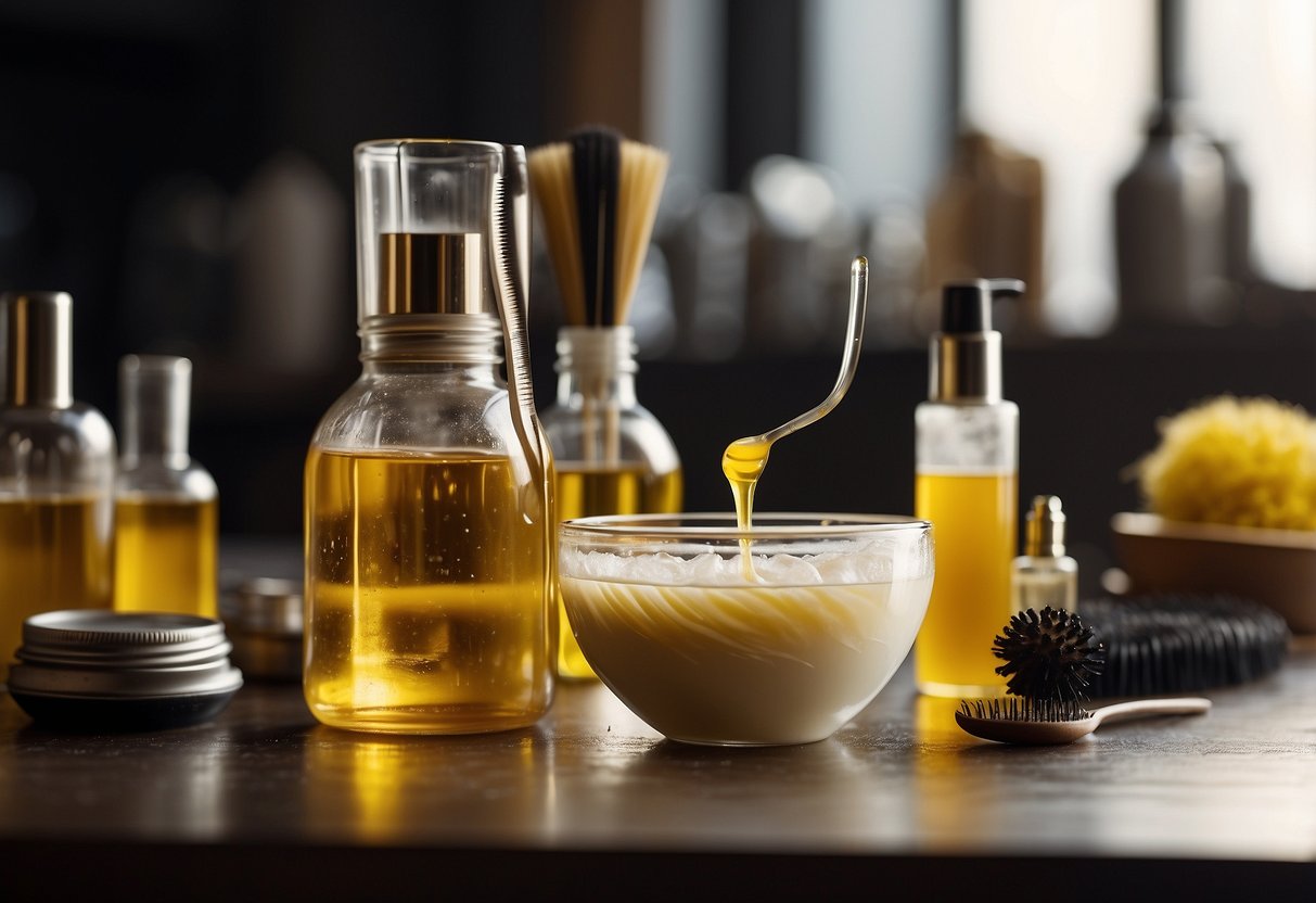 A table with various hair products and tools. A blonde wig or hair extensions turning yellow in a glass bowl of chemical solution