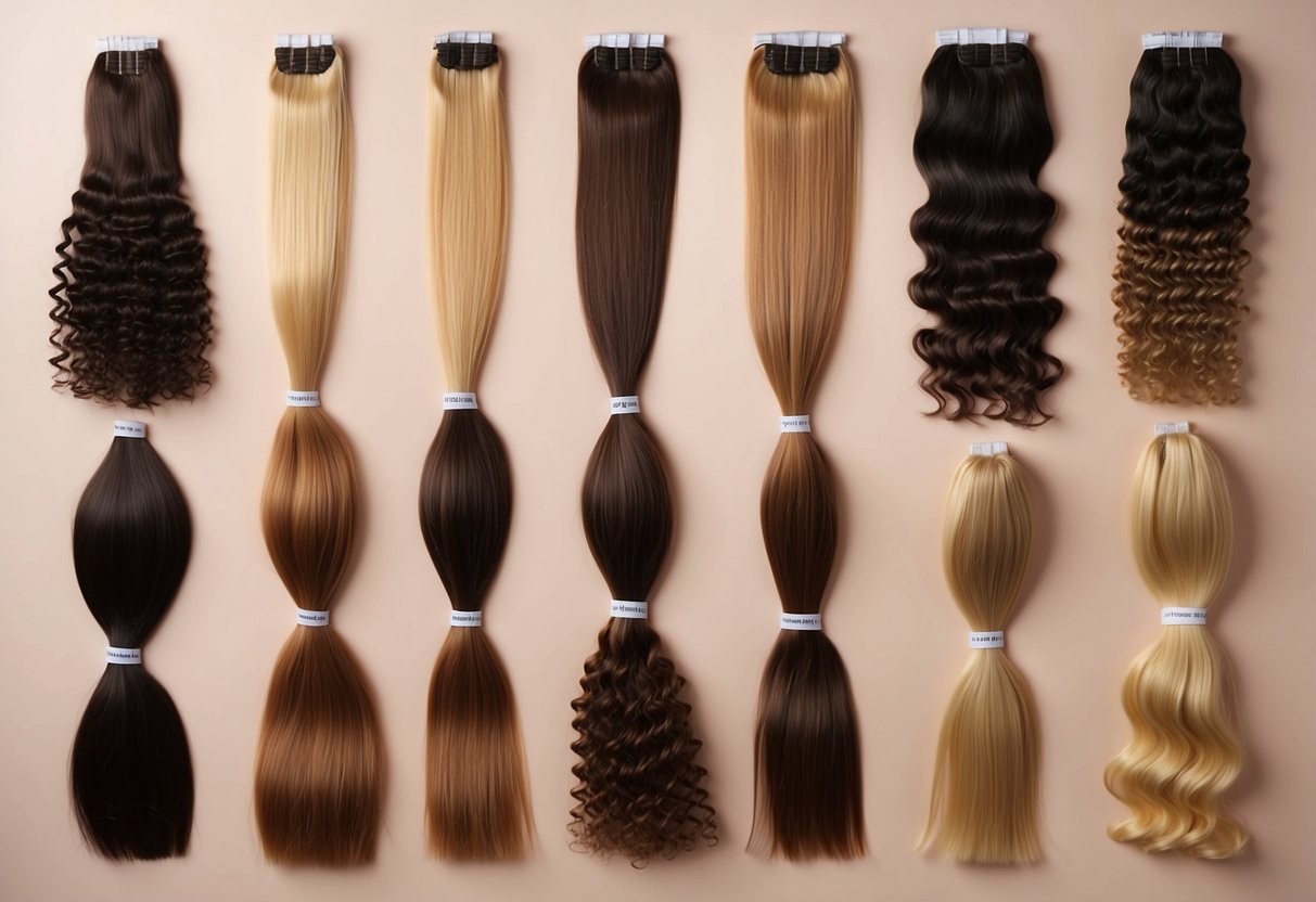 Various types of hair extensions laid out on a table, including clip-ins, tape-ins, and micro-link extensions, with labels indicating their level of damage