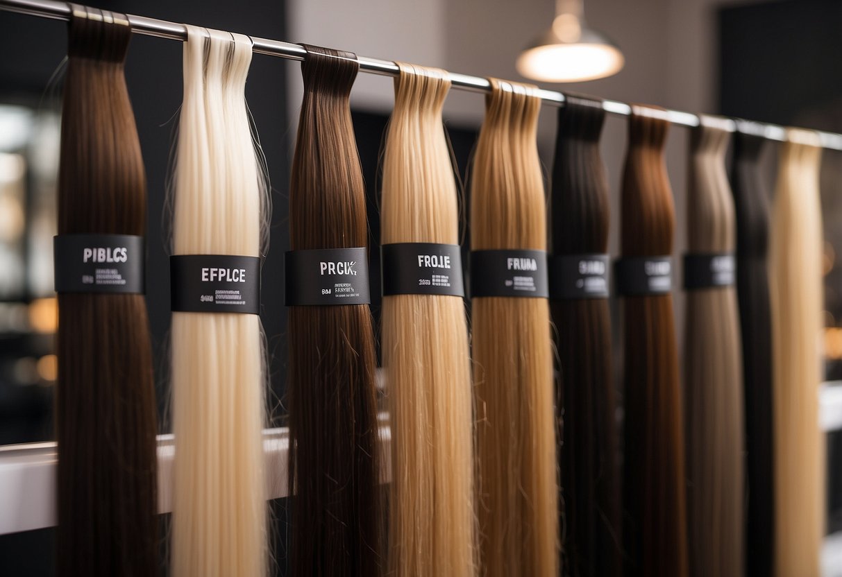 A salon display of high-quality tape-in hair extensions, with price tags and a sign emphasizing the importance of quality