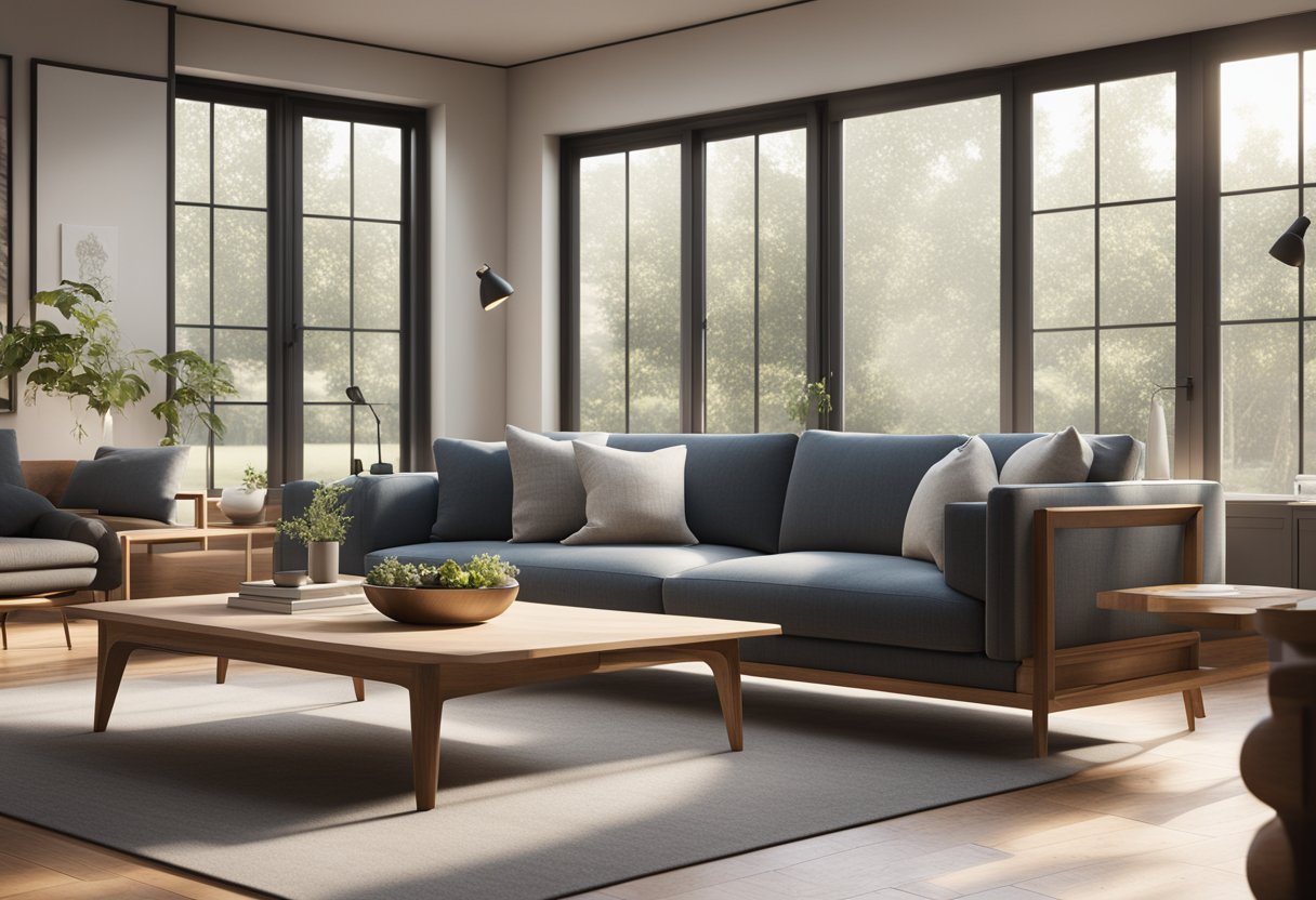 A cozy living room with a mix of traditional and modern furniture. A classic wooden coffee table sits next to a sleek, minimalist sofa. The room is bathed in natural light from large windows