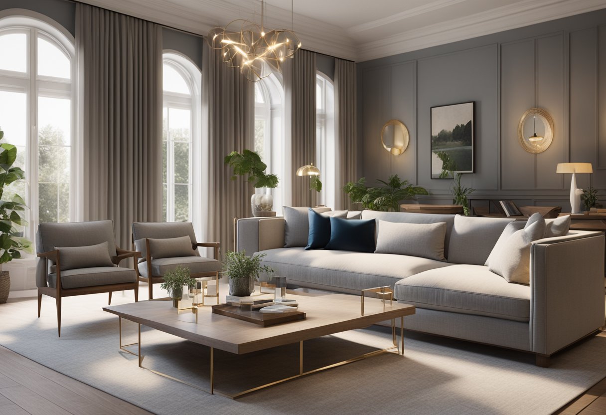 A spacious living room with a mix of traditional and modern furniture, creating a harmonious blend of styles. The traditional pieces exude elegance, while the modern ones add a touch of sleek sophistication