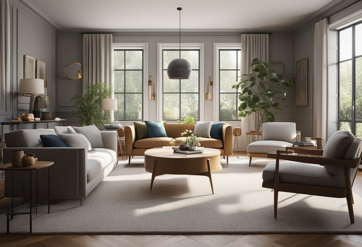 A cozy living room with a mix of traditional and modern furniture, showcasing comfort and functionality. A plush sofa, sleek coffee table, and classic armchair create a balanced and inviting space