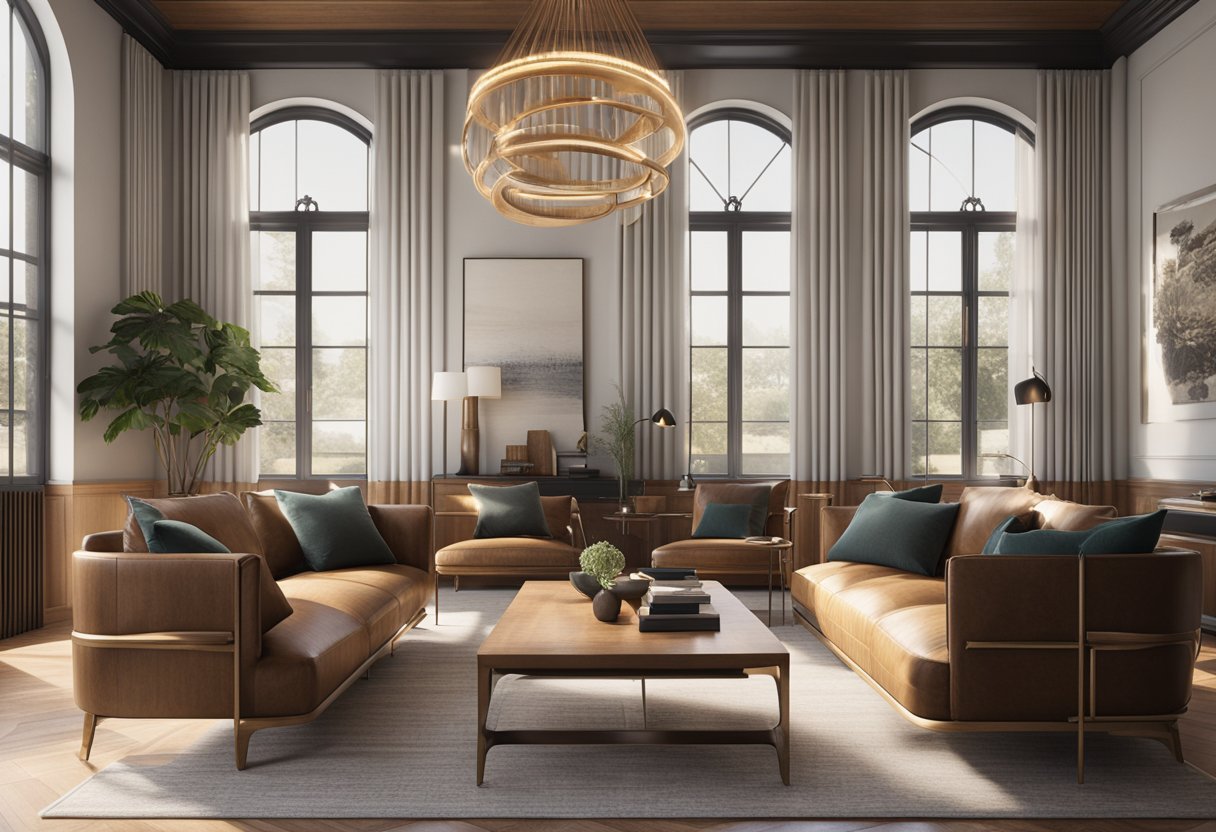 A room with a mix of traditional and modern furniture, showcasing contrasting styles and materials. Warm wood tones and ornate details contrast with sleek, minimalist lines and metal accents