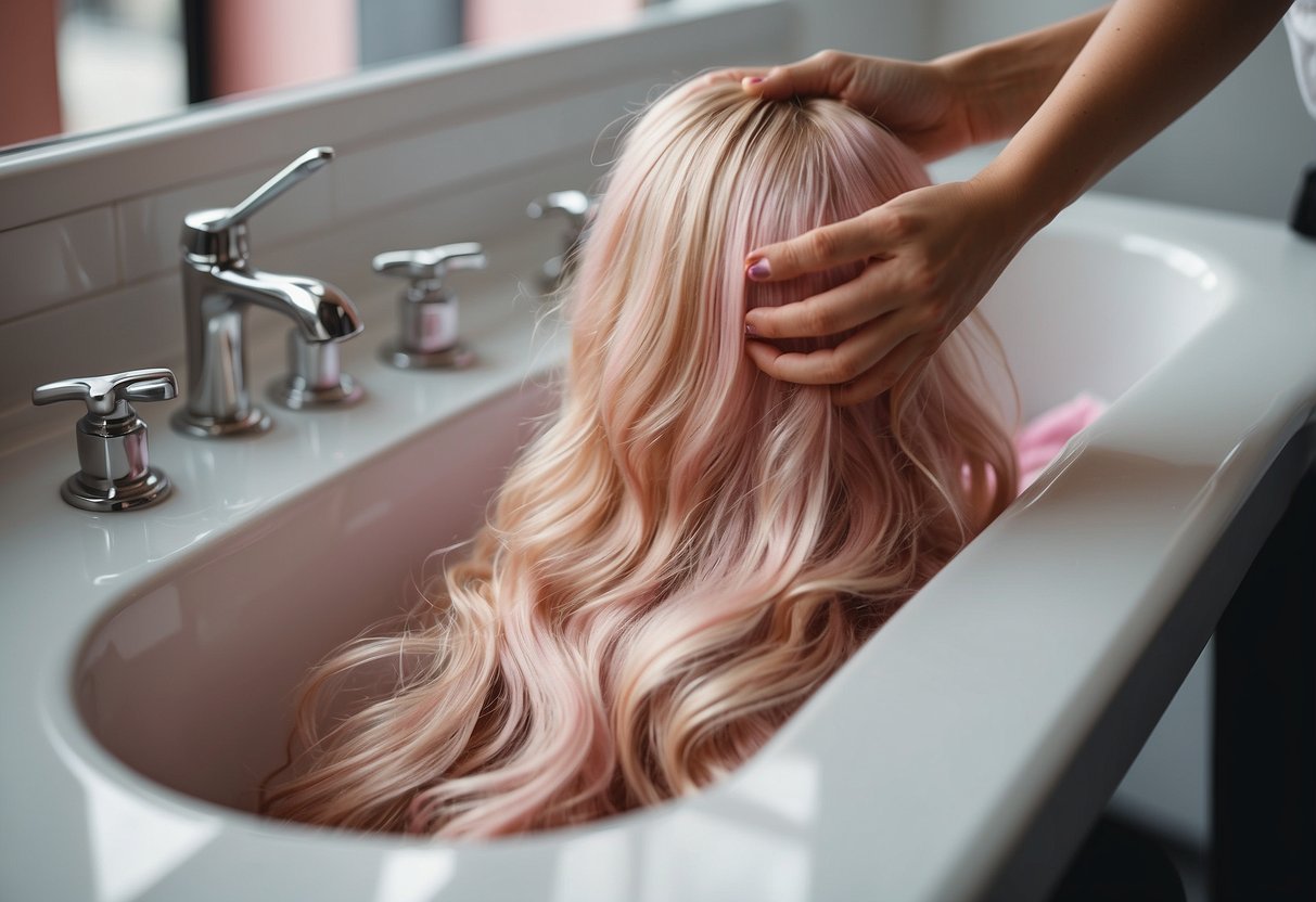 Blonde hair extensions turning pink in a salon sink