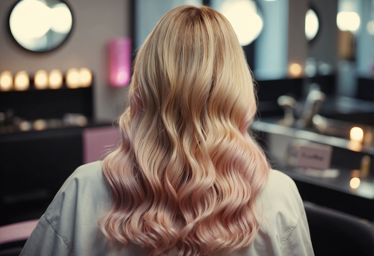 A blonde hair extension turning pink in a salon. Various hair care products and tools scattered on a table