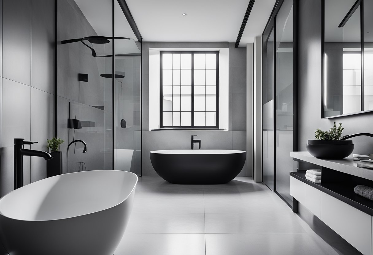 A sleek, modern bathroom with monochrome color scheme. Layers of black, white, and gray create a sophisticated and timeless look. Minimalistic fixtures and clean lines complete the elegant design