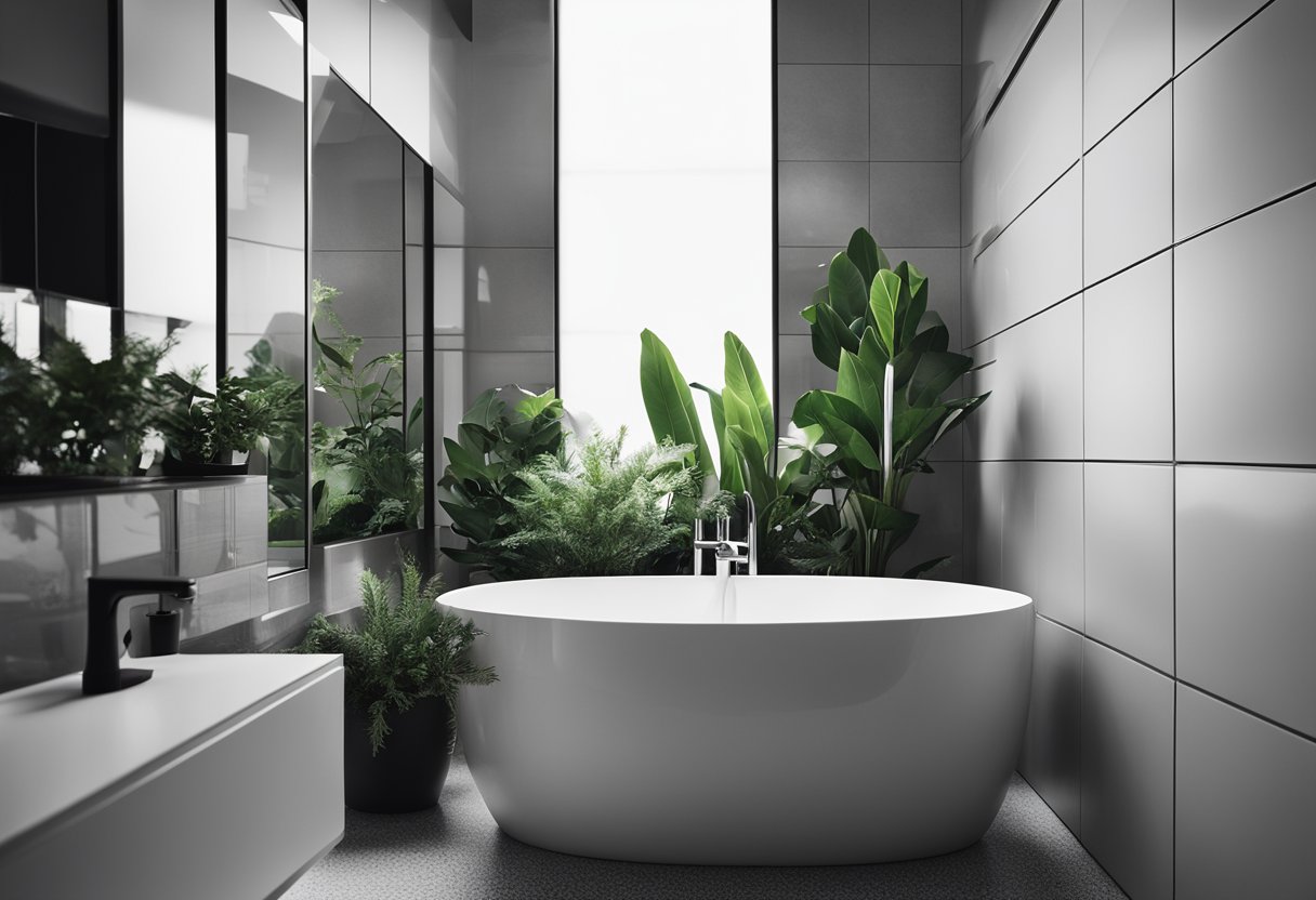 A monochrome bathroom with layered colors: grey tiles, white walls, black accents, and a pop of color in the form of a vibrant green plant