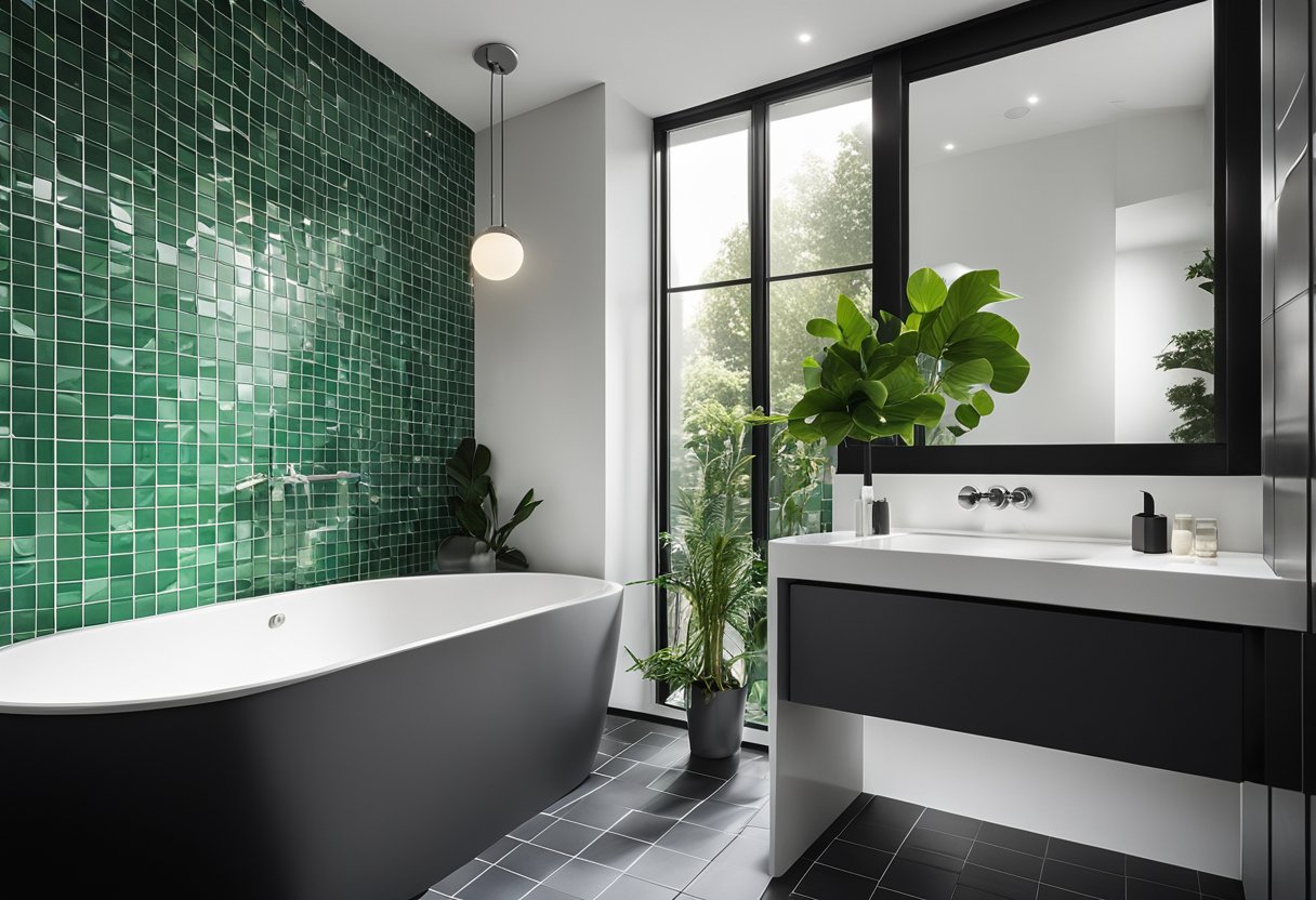 A sleek, modern bathroom with monochrome decor. Light streams in from a large window, casting soft shadows on the white and gray tiles. A pop of color comes from a vibrant green plant on the counter