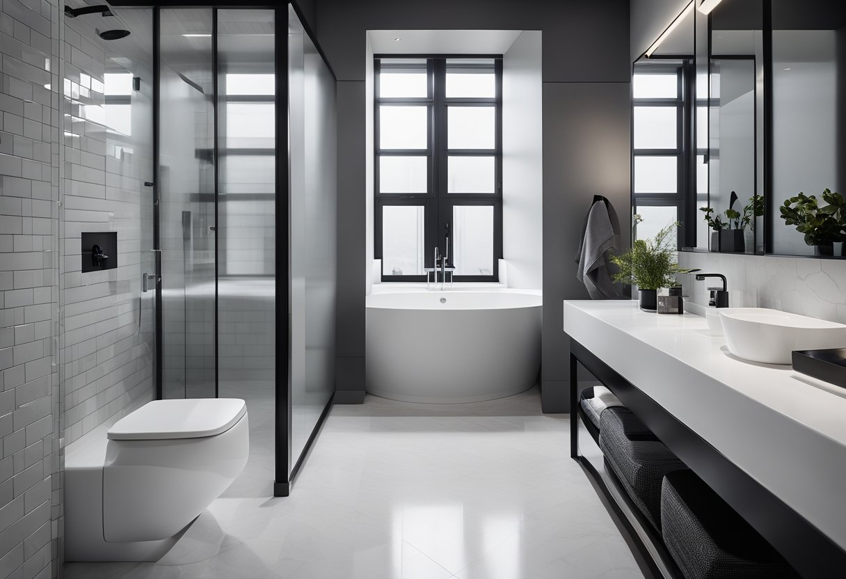 A sleek, modern bathroom with monochrome color scheme. Layers of gray, black, and white tiles create a stunning, minimalist look. Accessories in matching tones add depth and sophistication