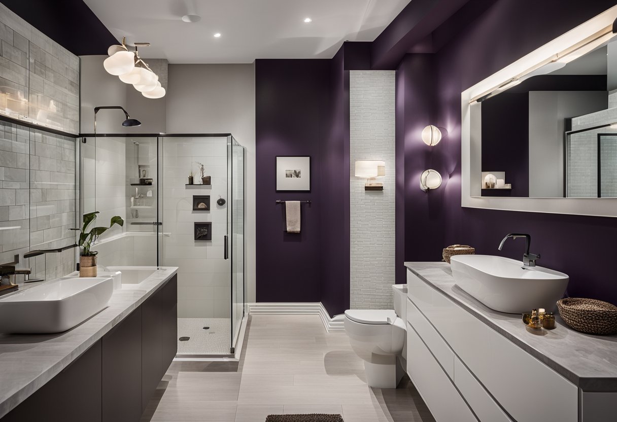 A bathroom with a bold accent wall in a dramatic color, contrasting with neutral tones. Light fixtures and accessories complement the bold color choice