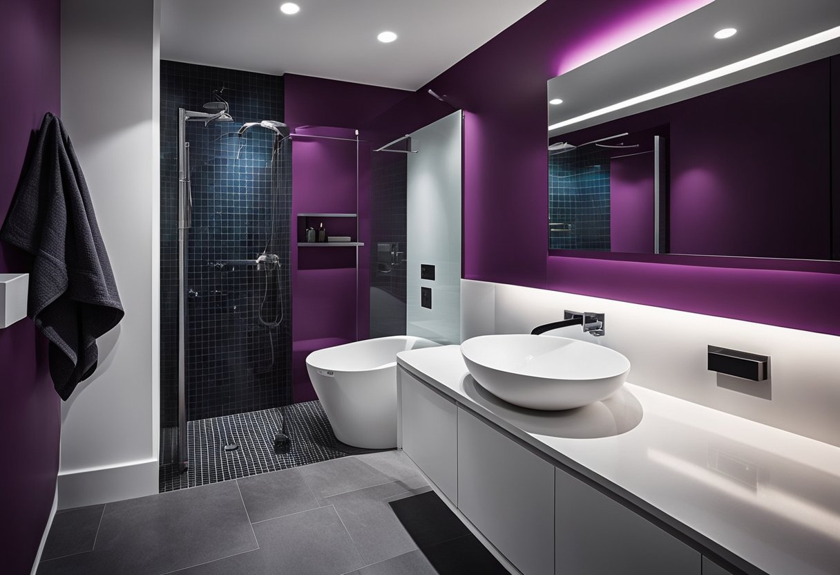 A bathroom with a bold accent wall in a deep, dramatic color. White fixtures and accessories contrast against the vibrant backdrop, creating a modern and stylish look