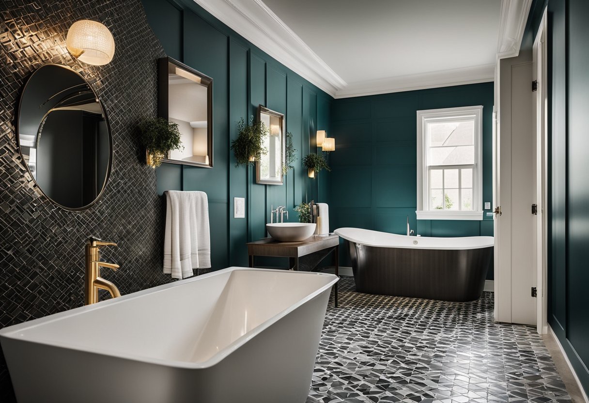 A bathroom with a bold accent wall in a dramatic color, contrasting with neutral tones. Textured or patterned wallpaper adds visual interest