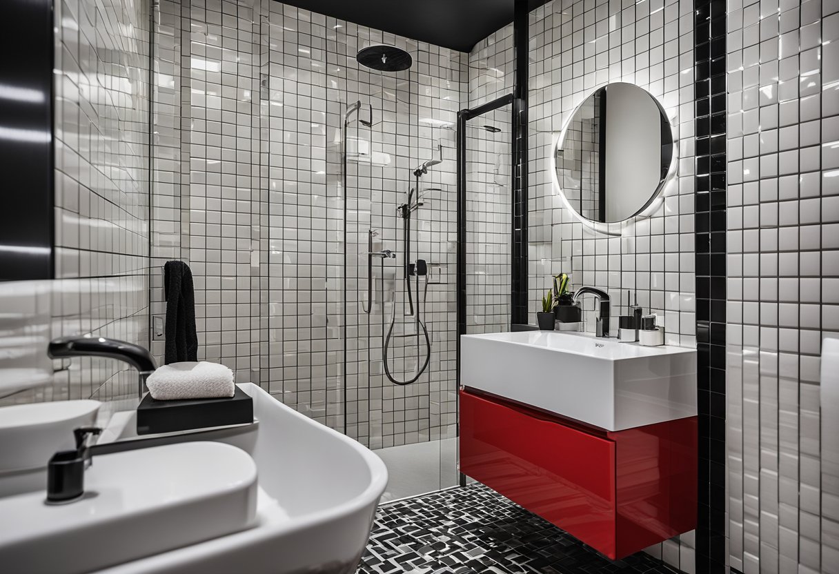 A sleek, modern bathroom with black and white tiles, a bold red accent wall, and chrome fixtures. The contrast of colors creates a dynamic and visually striking space