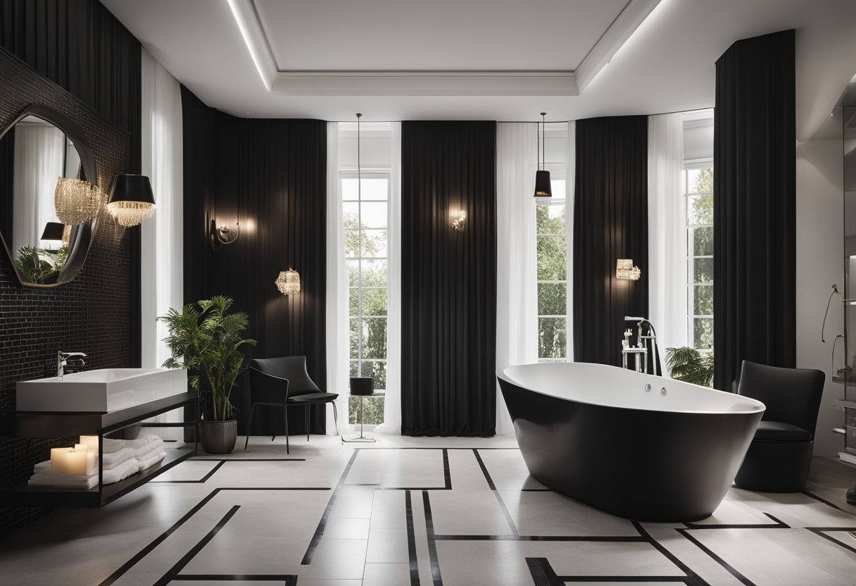 A spacious monochromatic bathroom with layers of luxury. A freestanding bathtub sits against a backdrop of dark monochromatic tiles, while a large mirror reflects the soft, ambient lighting, creating depth and elegance