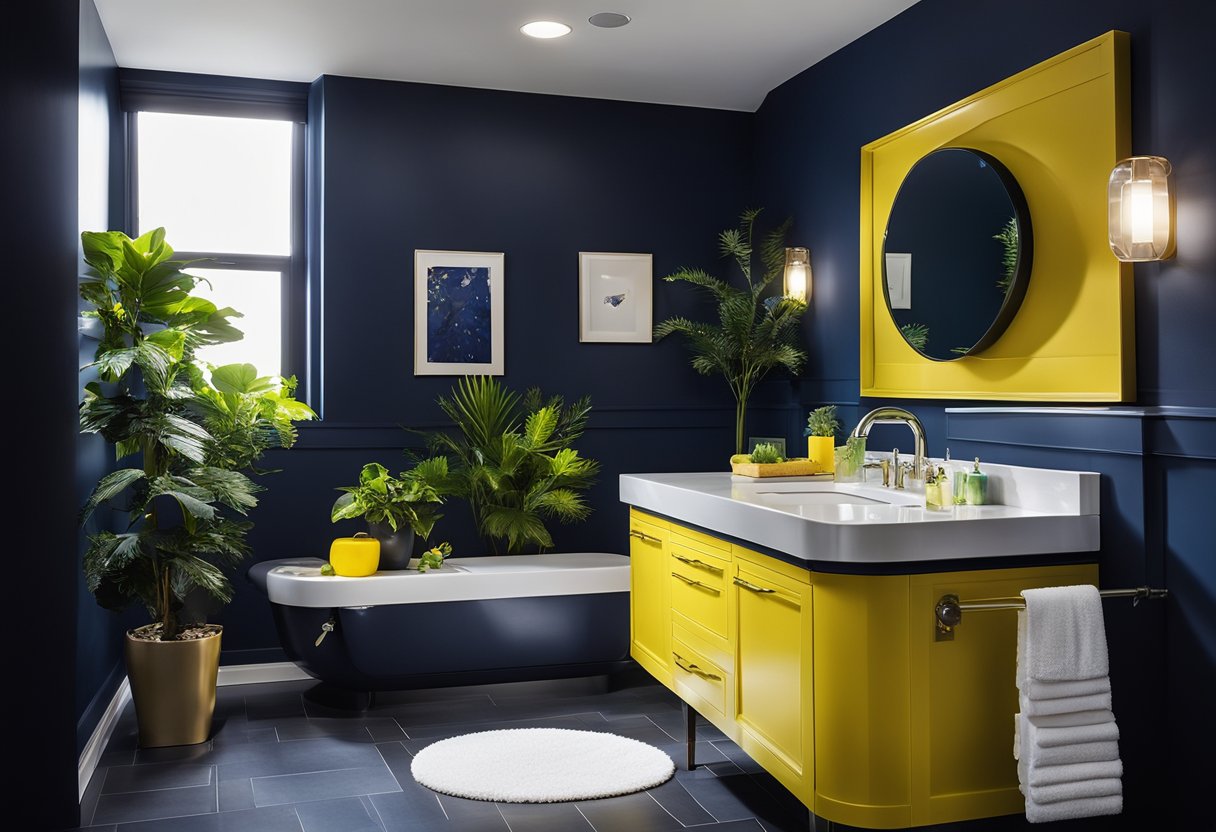 A modern bathroom with bold contrasting colors: deep navy walls, accented with bright yellow towels and a vibrant green plant. White fixtures and accessories provide balance and contrast