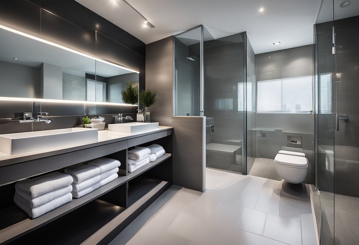 A sleek, modern bathroom with monochromatic colors. Luxurious layers of towels and bath mats in shades of gray create depth and contrast. Accents of chrome and glass add cohesion to the space