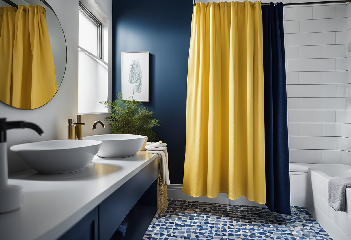 A bright yellow shower curtain contrasts with deep blue towels, set against a white tiled bathroom wall